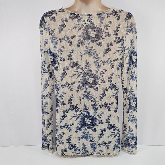 Y2K Denim & Supply Ralph Lauren Blue Floral Lace Henley Top L Long Sleeve Boho - Picture 2 of 6